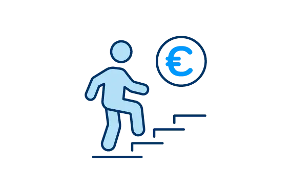 tegning af person der går op af en trappe med et EUro symbol